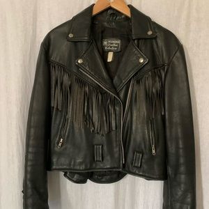 Vintage black leather jacket with fringe